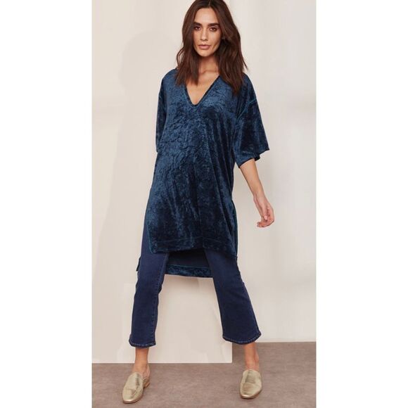 Free People blue/green crushed velvet long short sleeve tunic tee - Picture 1 of 8